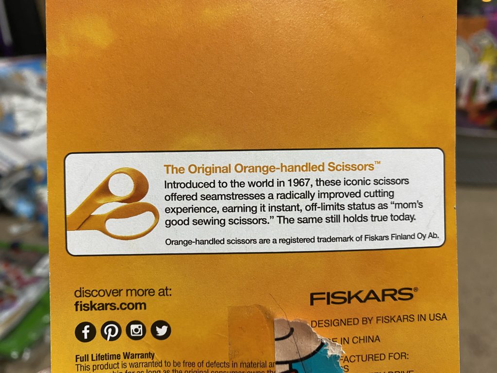 Original Orange-Handled Scissors - Back of my Fiskars Snippers it shared about the original Orange-handled Scissors. #Scissors #OrangeHandledScissors #Fiskars