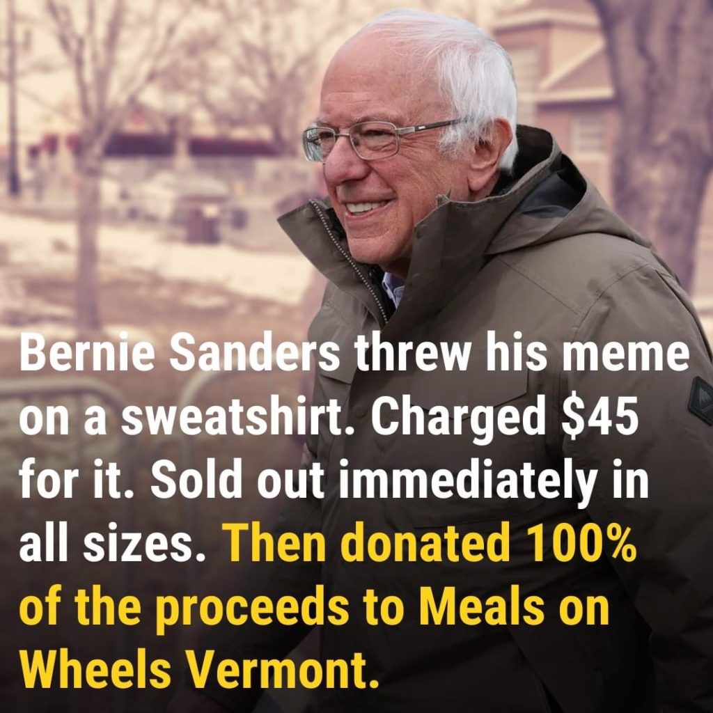 Bernie Sanders donates his sweatshirt sales to Meals on Wheels Vermont