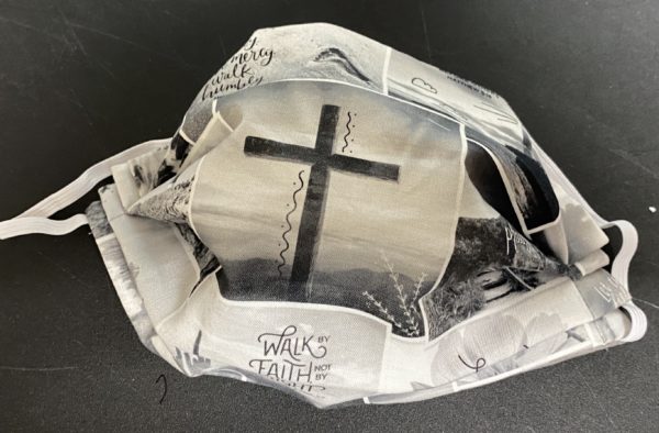 Gray Scripture Scene Face Mask - a grayscale face mask with scenes and scripture references on it. #Bible #bgbg2