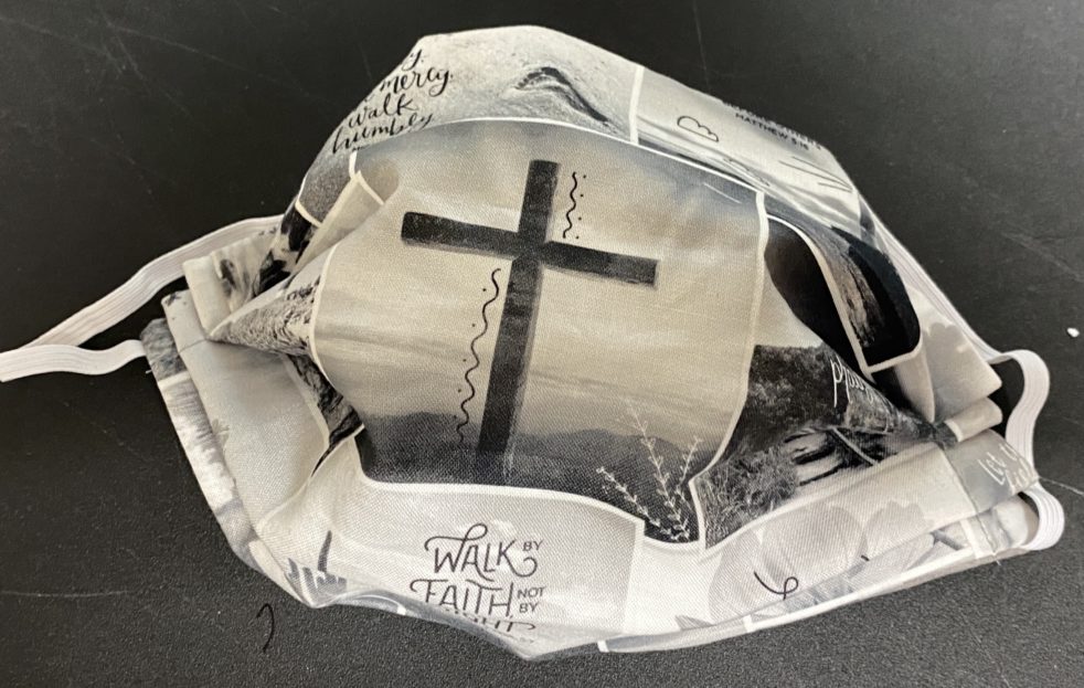 Gray Scripture Scene Face Mask - a grayscale face mask with scenes and scripture references on it. #Bible #bgbg2