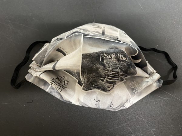Gray Scripture Scene Face Mask - a grayscale face mask with scenes and scripture references on it. #Bible #bgbg2