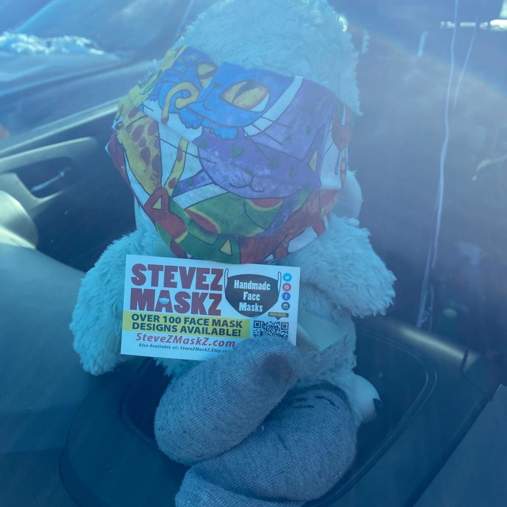 Meet All of the Lovies - These lovies, stuffed animals are the sales people for SteveZ MaskZ. When we go out and about and shopping for fabric and supplies they stay in the car with a business card and promote SteveZ MaskZ. Meet Lucas