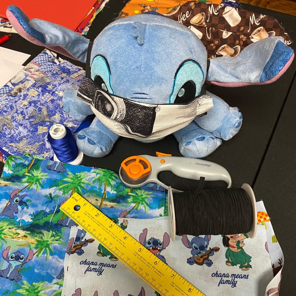 Meet All of the Lovies - These lovies, stuffed animals are the sales people for SteveZ MaskZ. When we go out and about and shopping for fabric and supplies they stay in the car with a business card and promote SteveZ MaskZ. Meet Stitch Aka Experiment 626 who helps sews face masks!