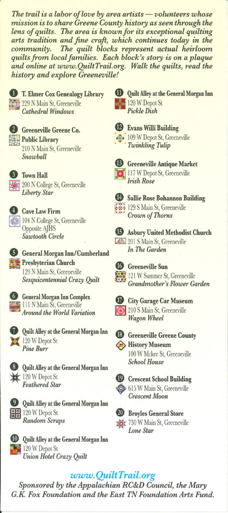 List of the Quilt Trail for Downtown Greeneville (Back of Rack Card)
