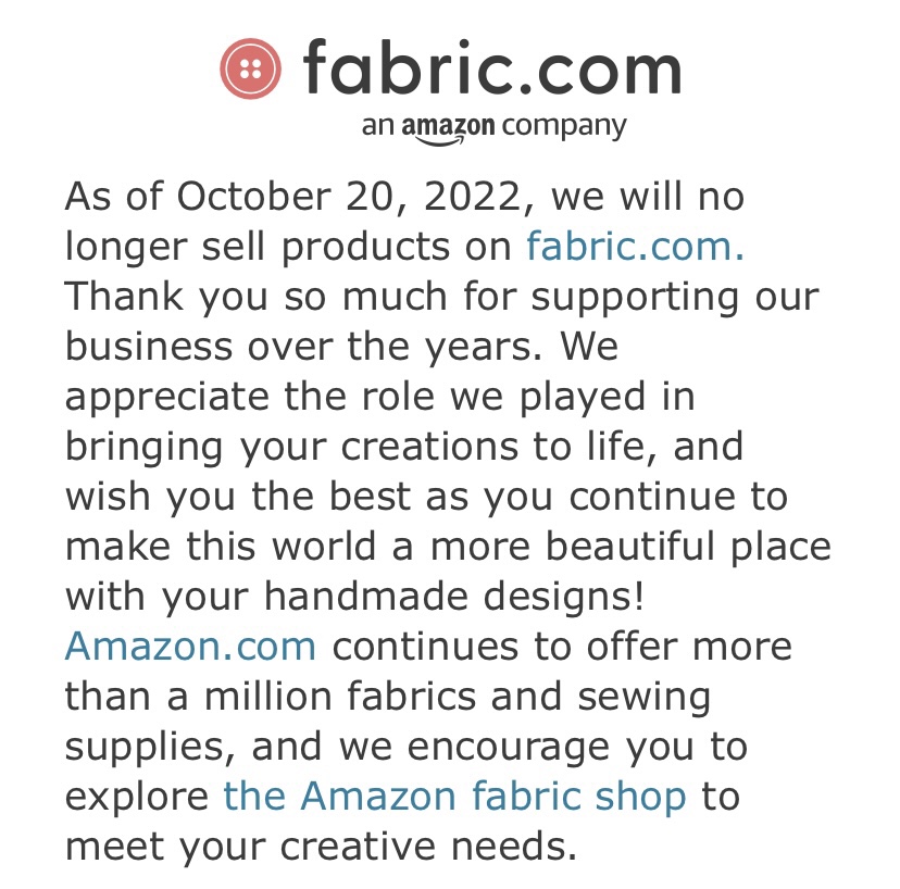 Fabric.com is no longer in business - they got bought by another company. #fabric #fabriccom