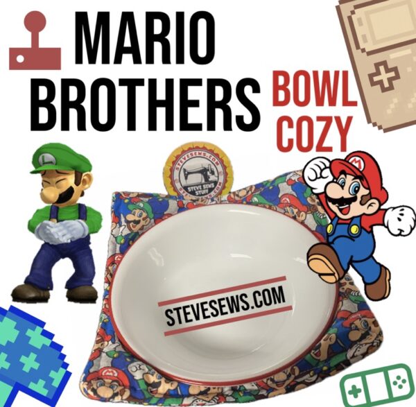 Mario Brothers Bowl Cozy is a bowl cozy with Mario and Luigi from Nintendo. #Mario #Luigi #MarioBrothers #MarioBros #nintendo #nintendoswitch #supermario Read more: https://stevesews.com/product/mario-brothers-bowl-cozy/