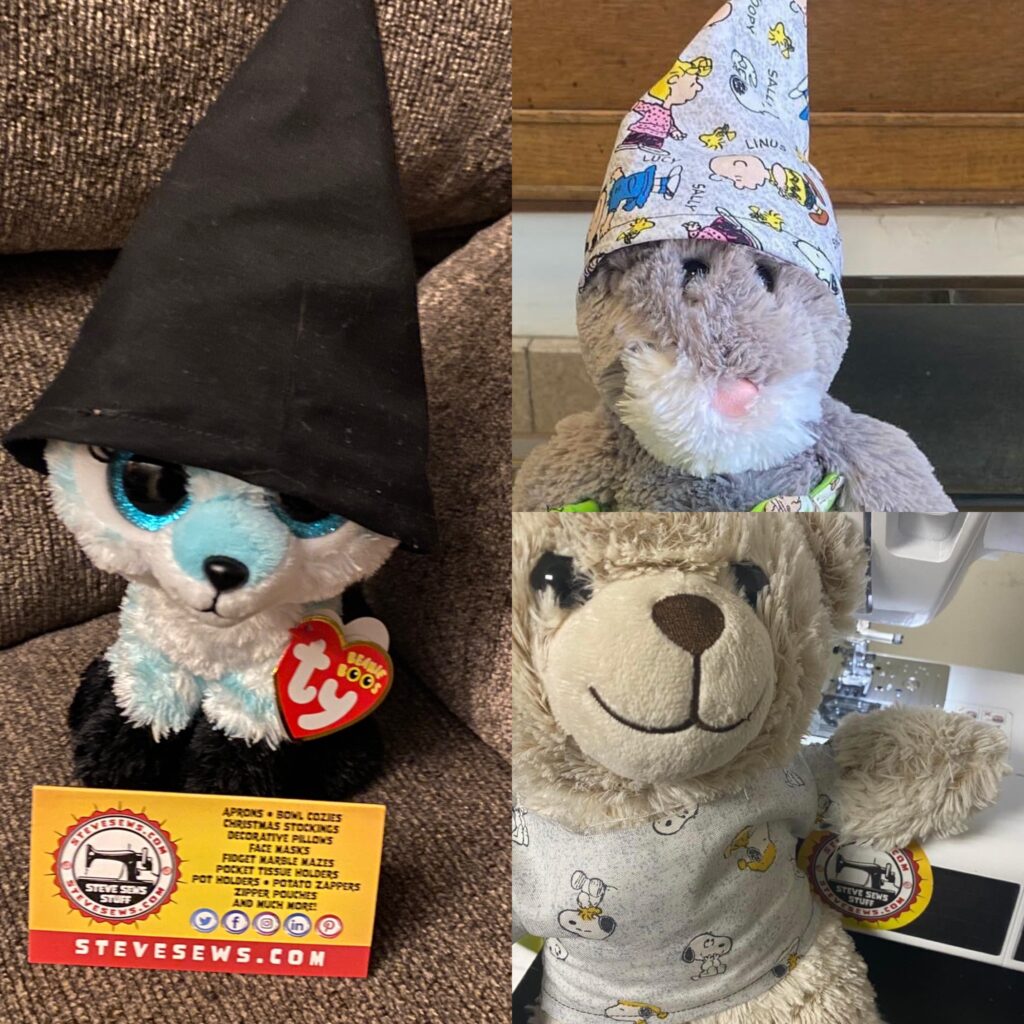 you can even make doll clothes and stuffed animal clothes with scrap fabric. For example, I made a shirt for a teddy bear, and I’ve made hats for a couple of our lovees a.k.a. stuffed animals. 