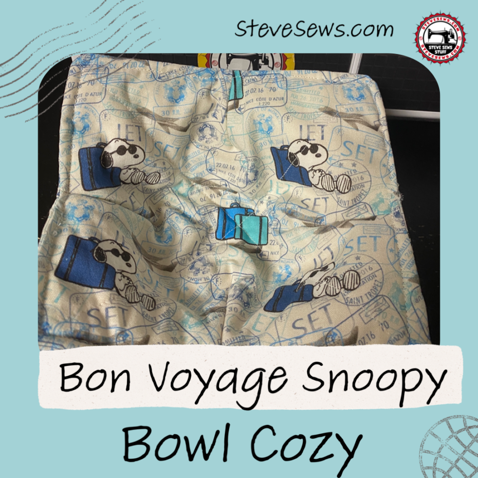 Bon Voyage Snoopy Bowl Cozy - This is a travel-themed bowl cozy with Snoopy on it.