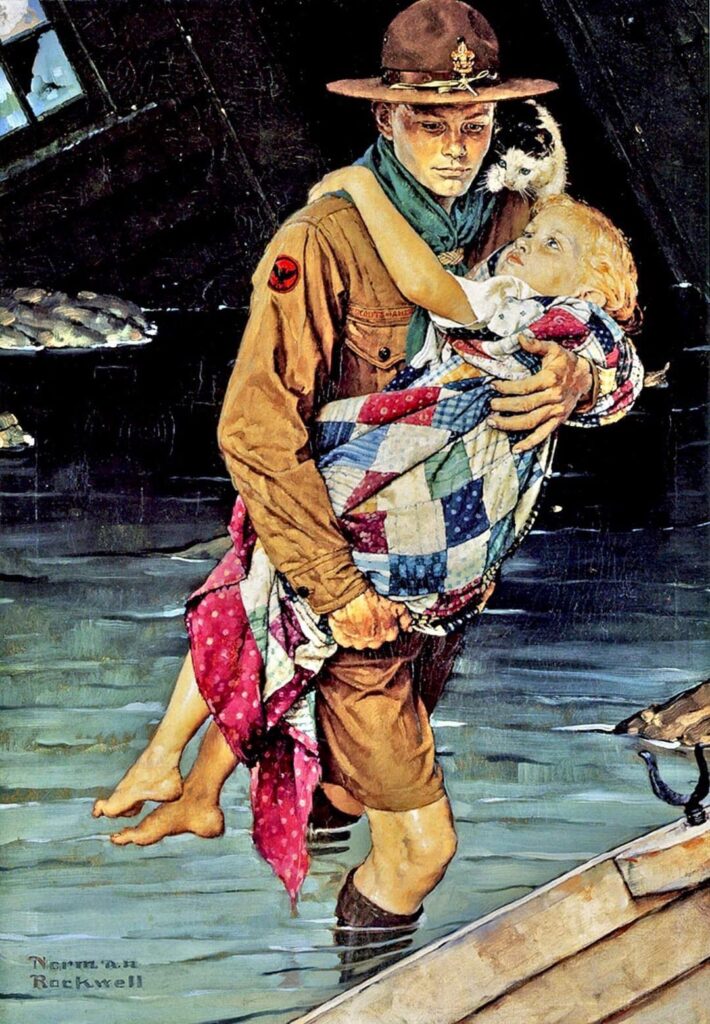 “A Scout is Helpful” by Norman Rockwell (1941)

A Scout is Helpful - here is artwork from Artist Normal Rockwell, with an illustration of a scout being helpful carrying a girl, cat and a quilt. 